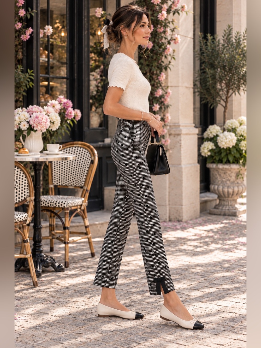 Talbots Size 6 Black White Gingham Polka Dot Cropped Ankle Pants Bow Detail